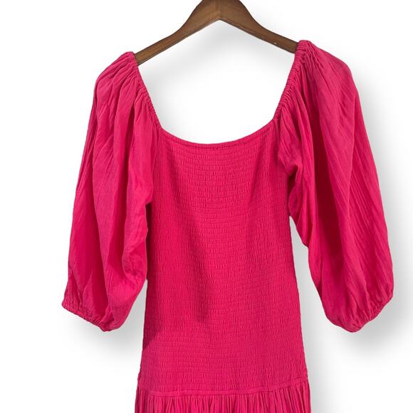 NWT Rhode Resort Harper Printed Smocked Midi Dress Size M Hot Pink Puff Sleeves - Picture 3 of 11